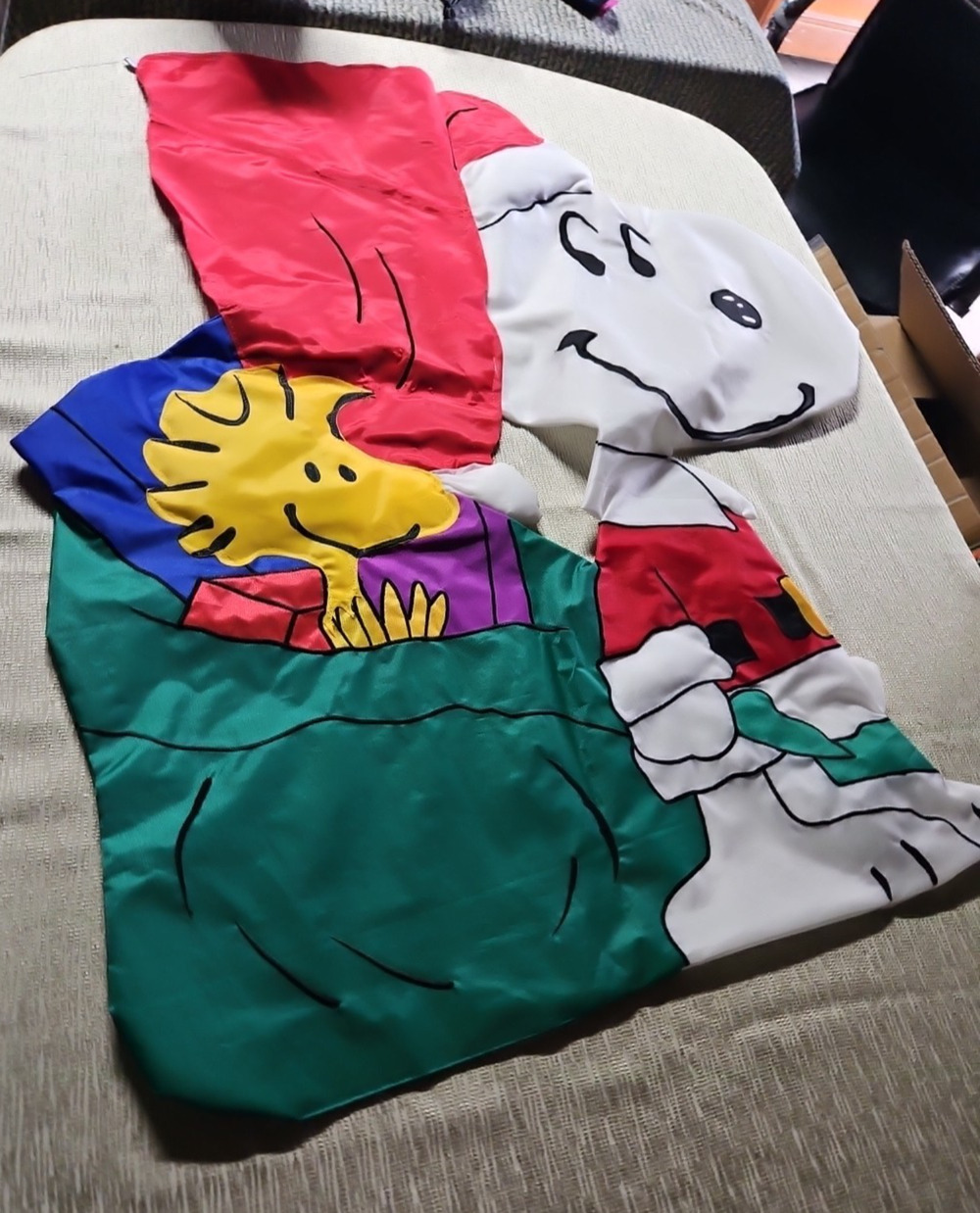 Vintage Cut Out Peanuts Snoopy Santa & Woodstock Christmas Double Sided Flag